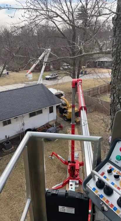 A high-angle view from a lift bucket showing a red spider lift and wood chipper operating in a residential backyard