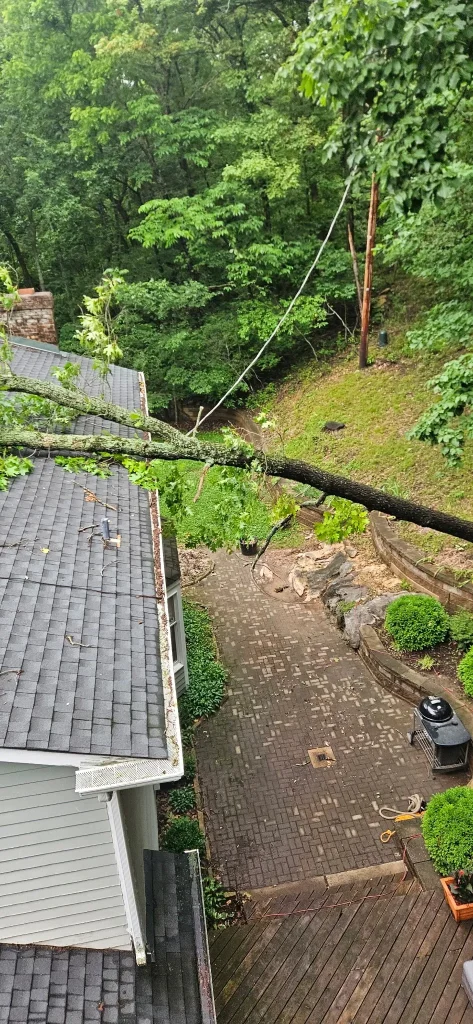 A high-angle view showing a large fallen tree branch resting on a house roof over a brick patio
