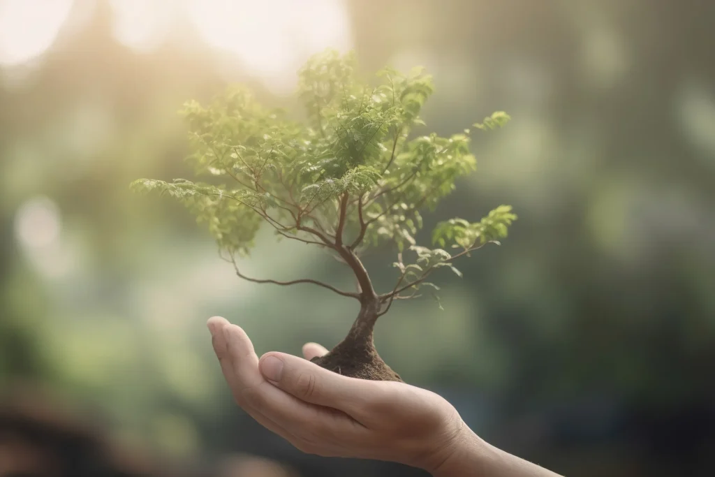 A hand holding a small tree against a blurred nature background