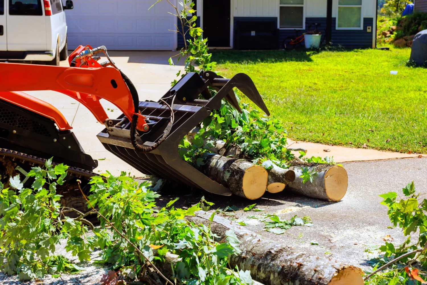 A skid steer removes fallen tree logs from a driveway in a suburban area